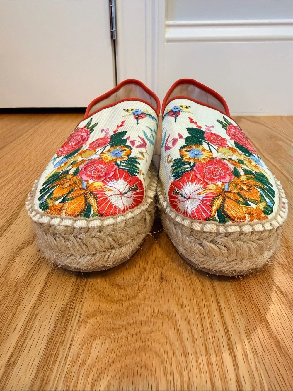 Johnny Was Andra Floral Embroidered Espadrilles in Cream and Red Trim